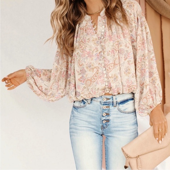 VICI Paisley Floral Button Front Cropped Balloon Sleeve Blouse L Bohemian Boho - Picture 10 of 10